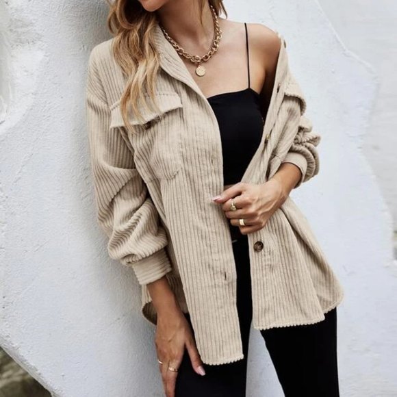 Casual Trendy Corduroy Flap Pocket Button down shirt Shacket jacket Coat beige - Picture 5 of 6